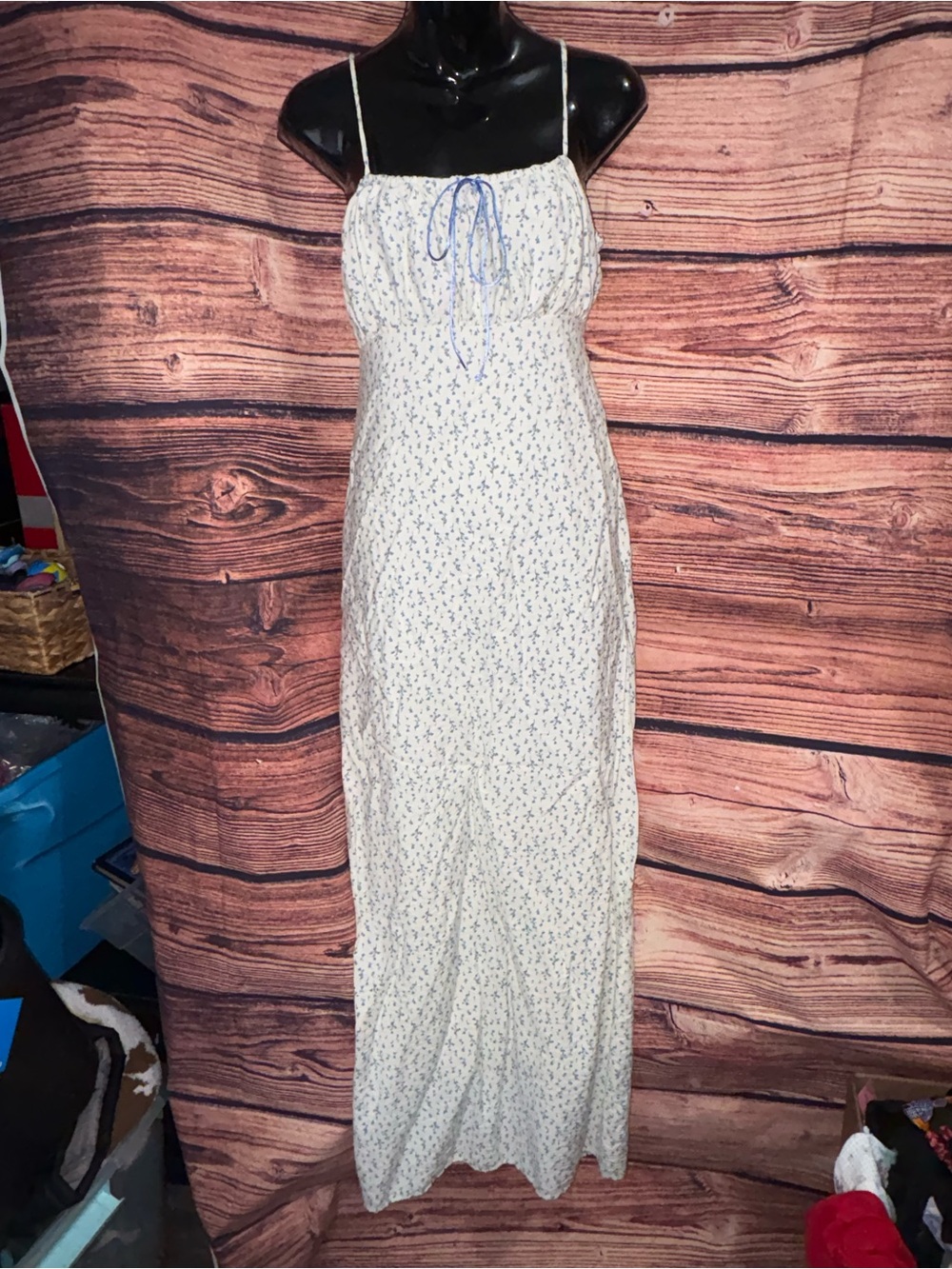 White Spaghetti-Strap Floral Maxi Dress with Blue Accents